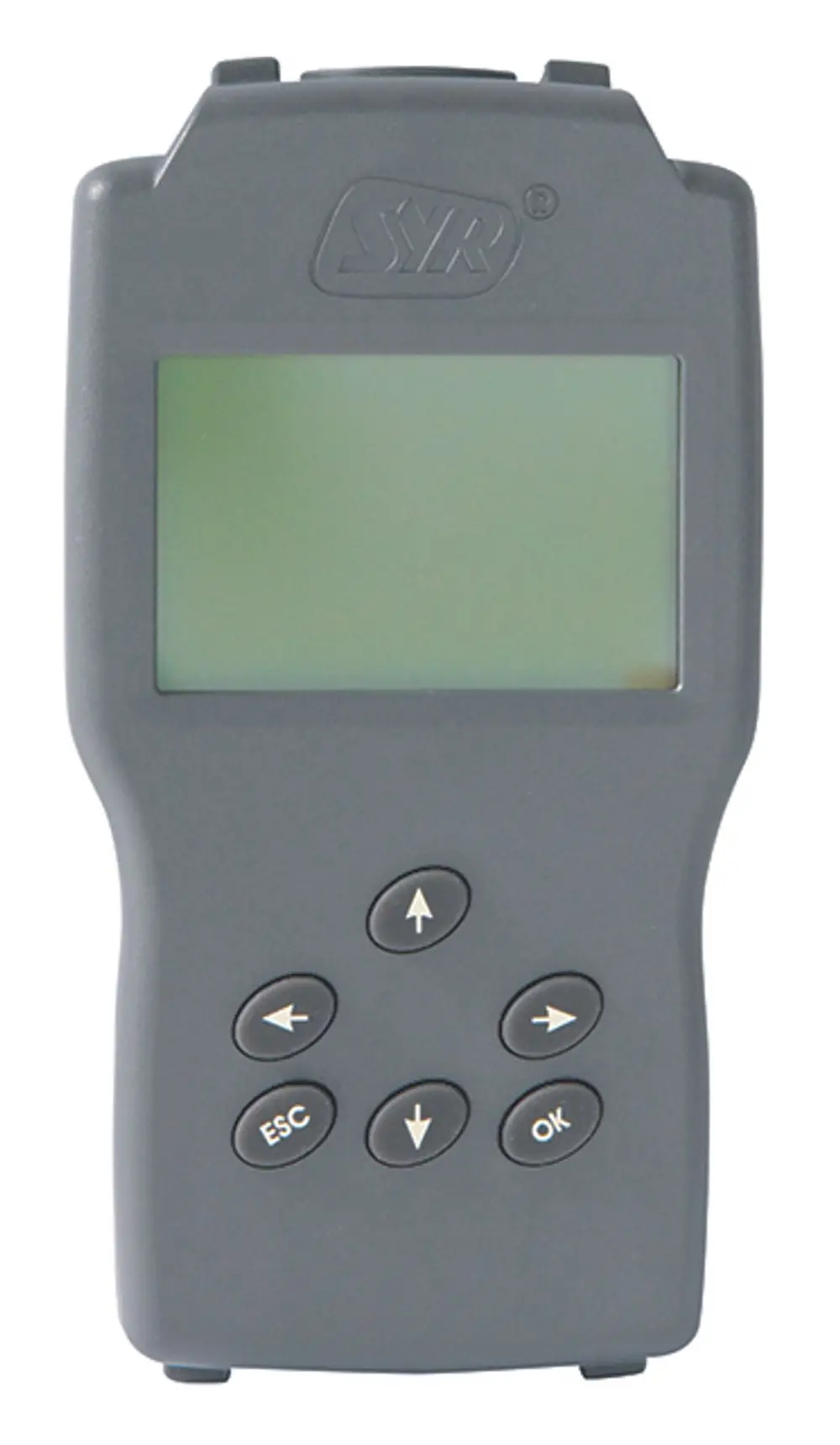 Grauer Handcontroller mit einem Bildschirm und Tasten für Navigation von der Marke Syr, zur Steuerung von Systemen.